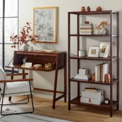 70" 5-Shelf Wood & Cane Transitional Vertical Bookshelf - Brown - Hearth & Hand⢠With Magnolia