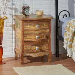 Ailey Handcrafted Boho Mango Wood 3 Drawer Nightstand Natural - Christopher Knight Home