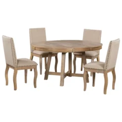 5 PCS Round Wood Extendable Dining Table Set With 4 Upholstered Dining Chairs-ModernLuxe 21 5 PCS Round Wood Extendable Dining Table Set With 4 Upholstered Dining Chairs-ModernLuxe -Furniture Specialty Store GUEST 62a0d22f 09b3 4f40 a197 cc20893dc552